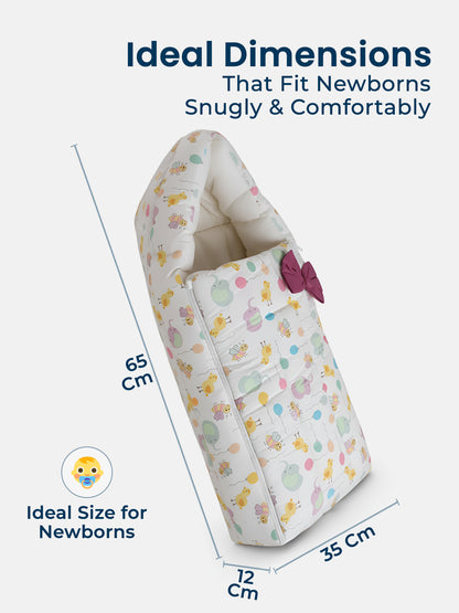 Baby carrier with dimensions labeled on a white background