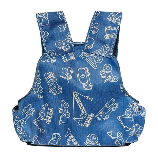 Blue children's safety vest with white vehicle patterns on a white background