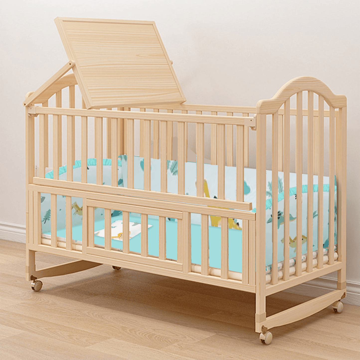 POLKA TOTS Elegant Wooden Rocking Cradle Baby Crib Cot / Kids Toddler Multifunctional Adjustable Bedding set with Mosquito net, Bumper Set, Pillow & Mat (Dino Bedding Set)