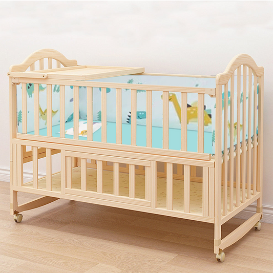 POLKA TOTS Elegant Wooden Rocking Cradle Baby Crib Cot / Kids Toddler Multifunctional Adjustable Bedding set with Mosquito net, Bumper Set, Pillow & Mat (Dino Bedding Set)