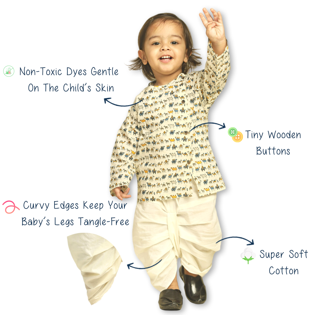 Polka Tots Dhoti Kurta Set for Boys 100% Super Soft Cotton Traditional Ethnic Wear For Kids Navy Blue Camel Cream