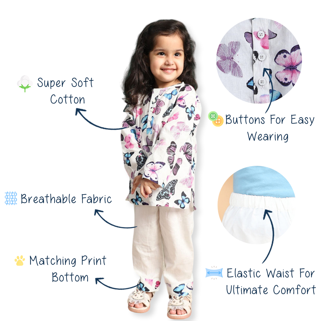 Polka Tots Kurta Pajama for Kids 100% Super Soft Cotton Night Suits for Boys & Girls - White