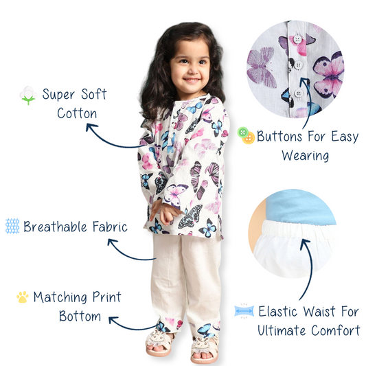 Polka Tots Kurta Pajama for Kids 100% Super Soft Cotton Night Suits for Boys & Girls - White