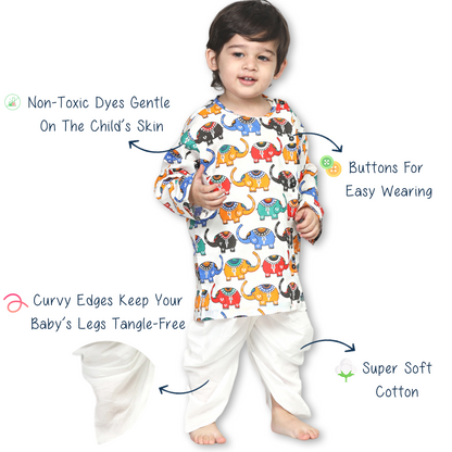 Polka Tots Dhoti Kurta Set for Boys 100% Super Soft Cotton Traditional Ethnic Wear For Kids Elephant White