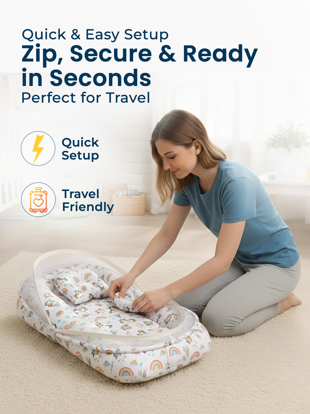Woman setting up a baby travel crib with text about quick setup and travel friendliness.
