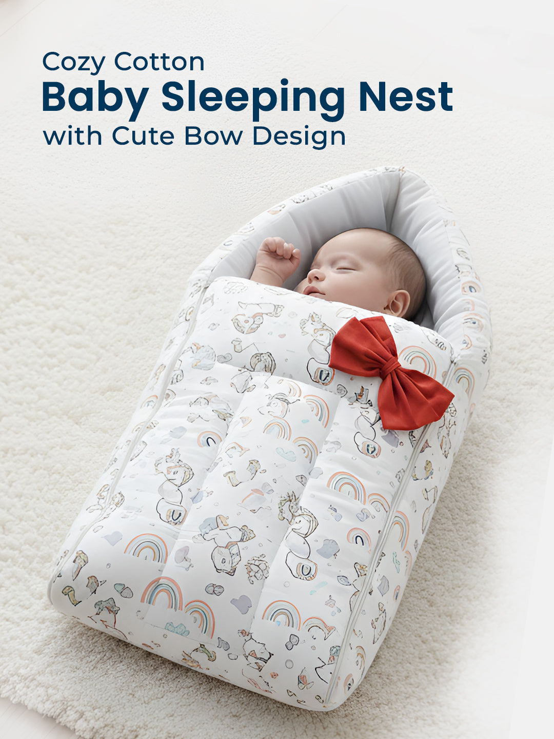 Baby sleeping nest with cute bow design and baby inside on a light background