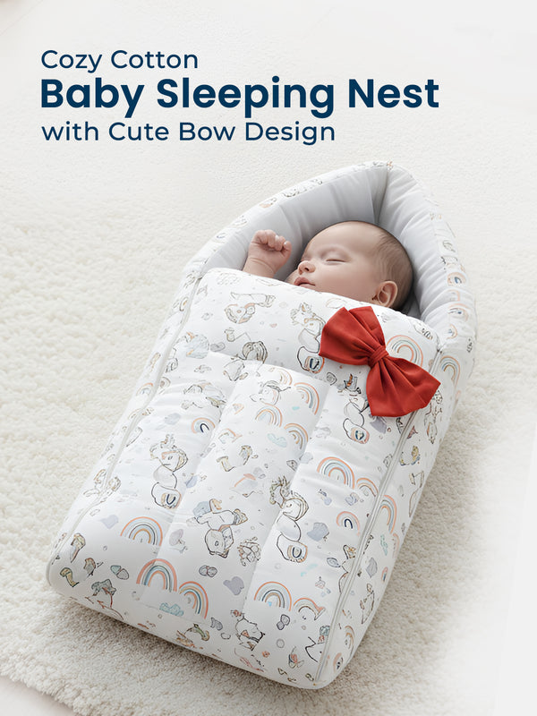 Polka Tots Baby Sleeping Nest Cotton Carry Pod Bedding for Newborn Sleeping Bag with a Bow -Unicorn print White