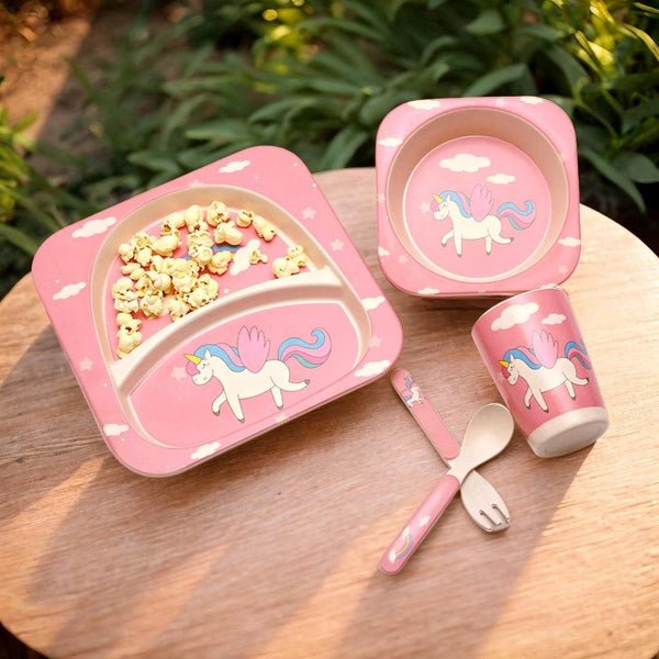 Eco Friendly 5 Pieces Bamboo Fiber Kids Dinner Set (Unicorn)