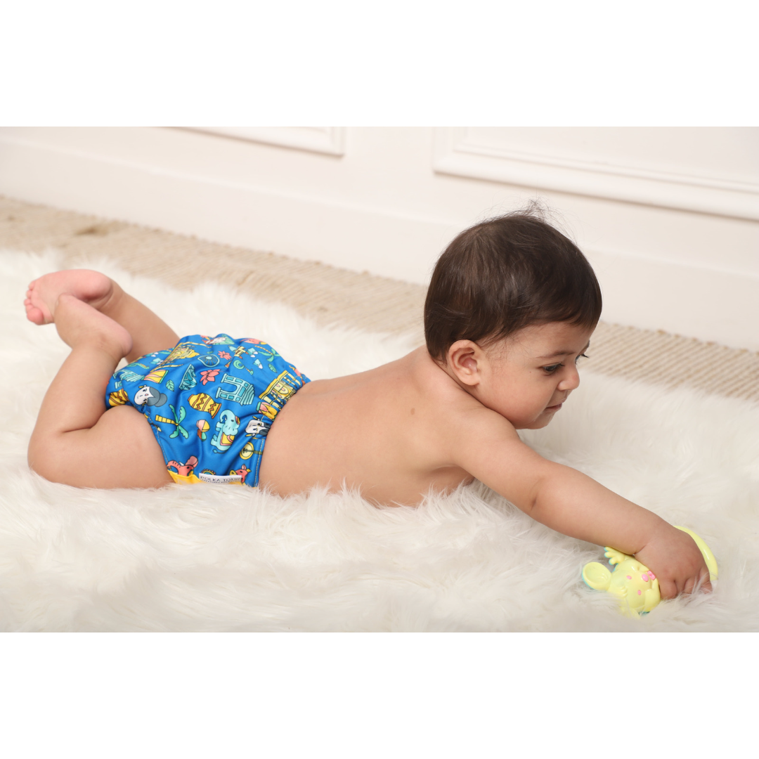 Polka Tots Reusable Cloth Diaper Waterproof Adjustable Baby Diaper (Dark Blue & Yellow)