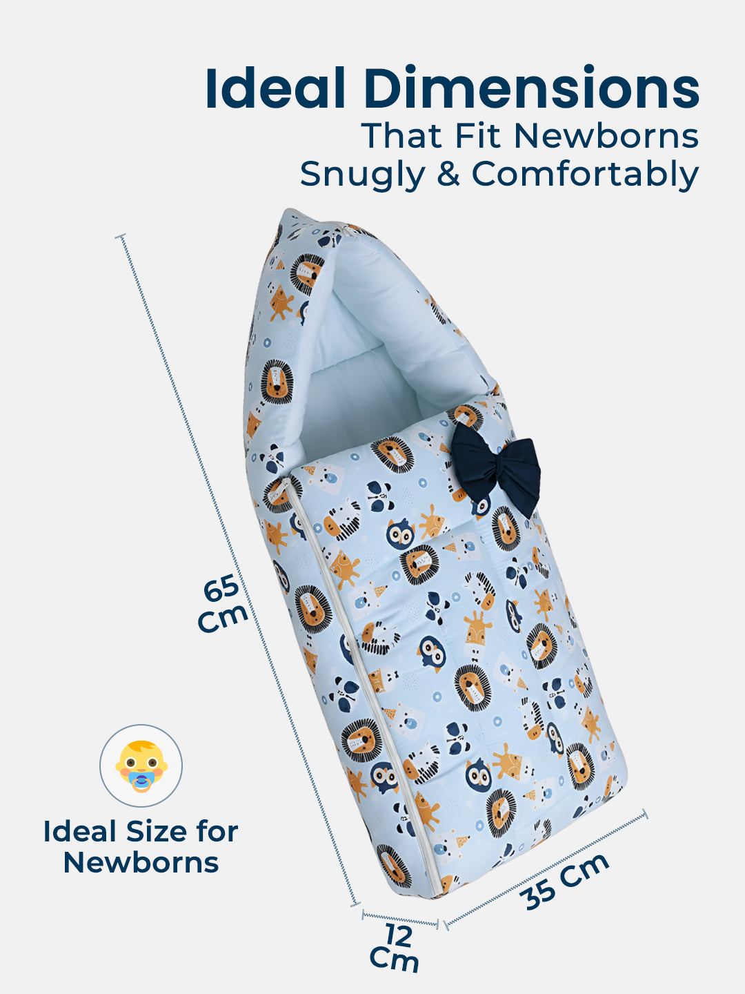 Baby blanket with animal pattern and measurements on a white background