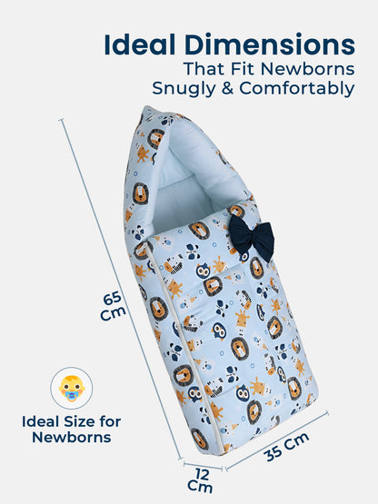 Baby blanket with animal pattern and measurements on a white background