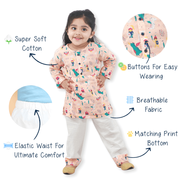 Polka Tots Dinosaur print Full sleeves Nightwear Kurta pyjama set - Orange