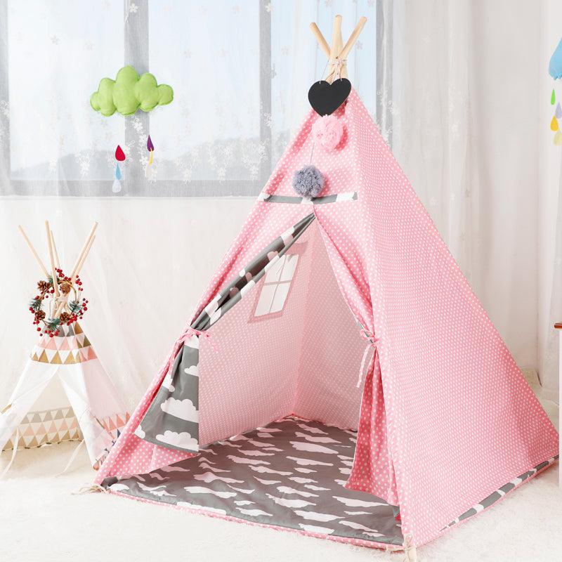Kid’s Portable Teepee Tents with Cushion, Led Light and Non-Slip Padded Mat, Play Tent, Indoor & Outdoor Playhouse Tents for Childrens ( Pink Cloud )