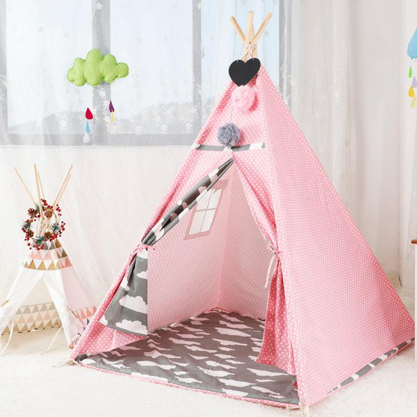 Kid’s Portable Teepee Tents with Cushion, Led Light and Non-Slip Padded Mat, Play Tent, Indoor & Outdoor Playhouse Tents for Childrens ( Pink Cloud )