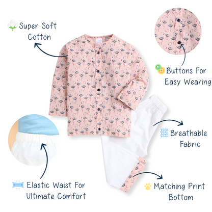 Polka Tots Kurta Pyjama Set Front Open Swan Print  - Peach