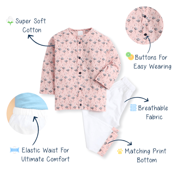 Polka Tots Swan print Front open Full sleeves Nightwear Kurta pyjama set - Peach