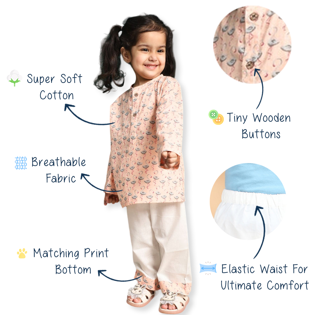 Polka Tots Kurta Pyjama Set Swan Print  - Peach