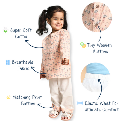 Polka Tots Kurta Pyjama Set Swan Print  - Peach