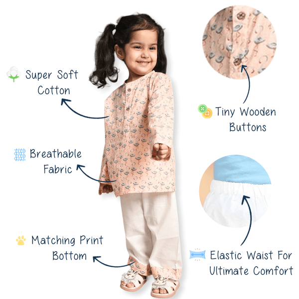 Polka Tots Swan print Full sleeves Nightwear Kurta pyjama set - Peach