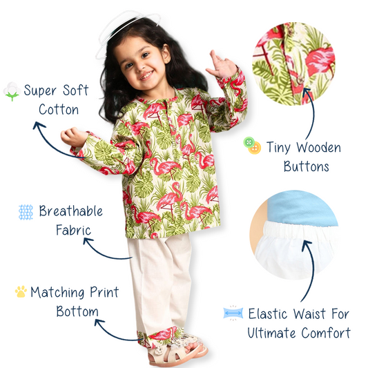 Polka Tots swan print front open night suit kurta pyjama set - pink