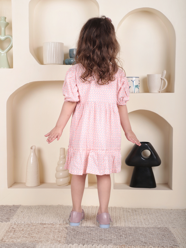 Polka Tots Half sleeve Zigzag print Frock with Headband - Peach