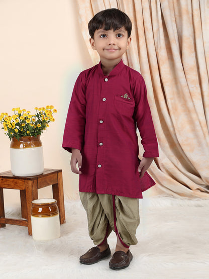 Polka Tots Full Sleeve Solid Kurta with Dhoti Set with Contrast Pocket - Maroon