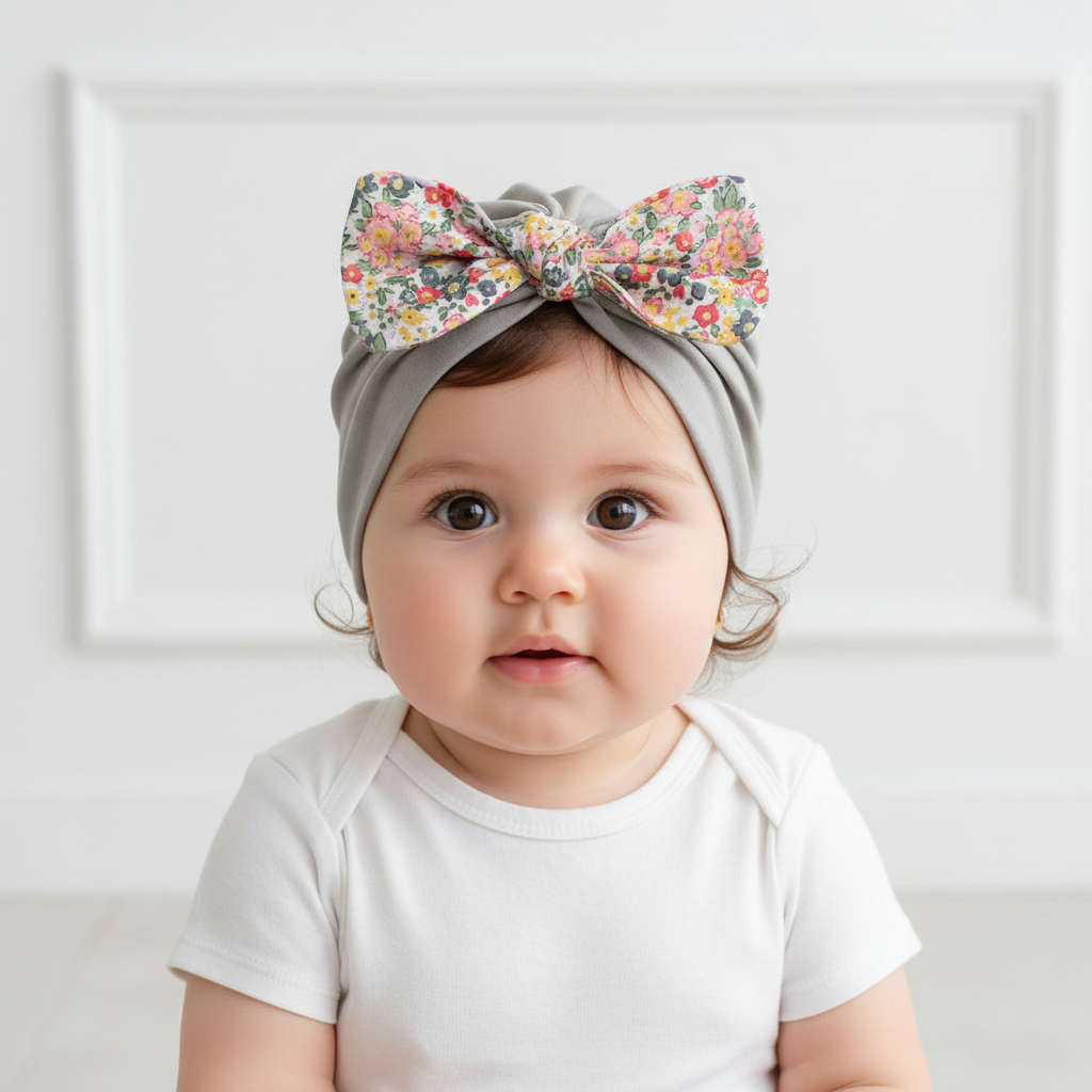 Polka Tots Baby Girls Floral Print Bow Headband Cap - Grey