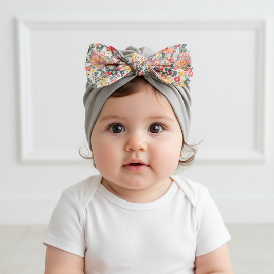 Polka Tots Baby Girls Floral Print Bow Headband Cap - Grey