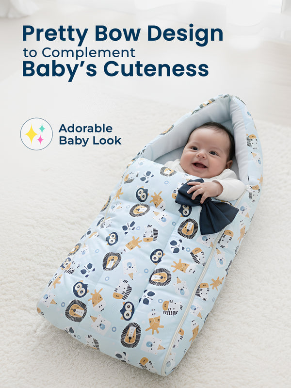 Polka Tots Baby Sleeping Nest Cotton Carry Pod Bedding for Newborn Sleeping Bag with a Bow - Lion print Blue