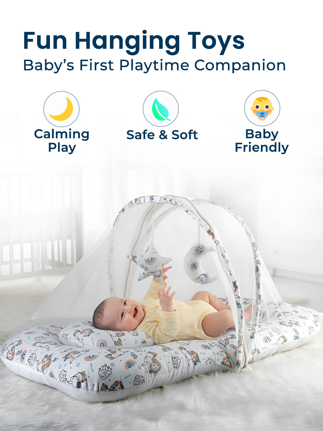 Baby playpen with hanging toys and text highlighting features on a white background