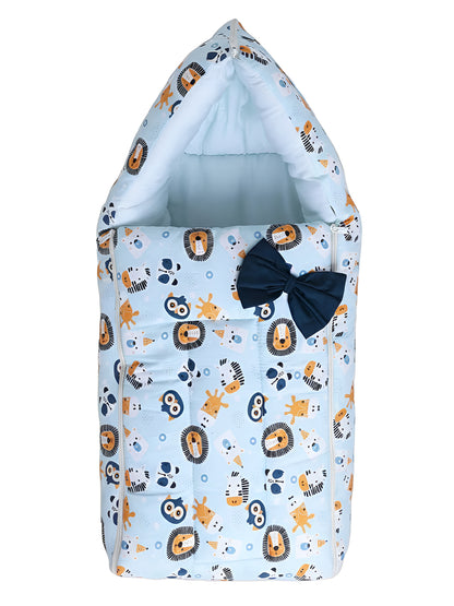 Baby swaddle with animal pattern and navy bow on a white background