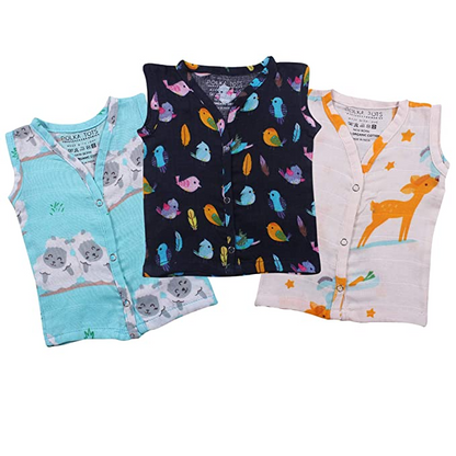 POLKA TOTS Organic Muslin Cotton Sleeveless Vest Push Button Jhabla, Summer Wear Soft Jabala for Toddler Baby Boys (Pack of 3)