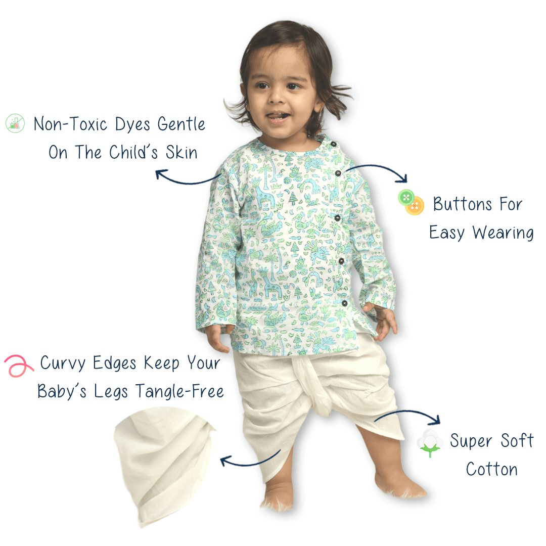 Polka Tots Dhoti Kurta Set for Boys 100% Super Soft Cotton Traditional Ethnic Wear For Kids Peacock White