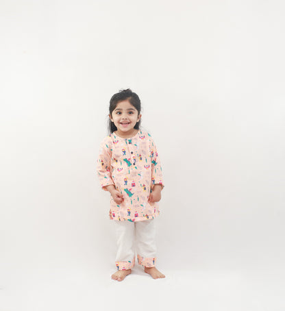 Polka Tots Kurta Pajama for Kids 100% Super Soft Cotton Night Suits for Boys & Girls Dinosaur Orange