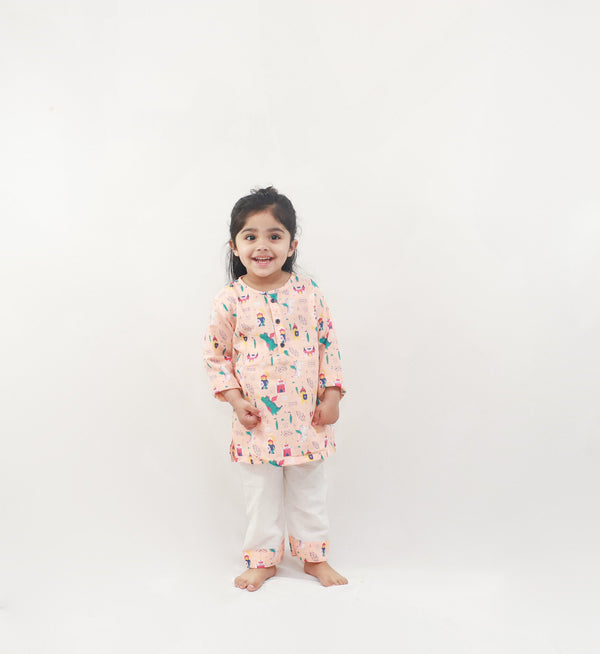 Polka Tots Dinosaur print Full sleeves Nightwear Kurta pyjama set - Orange