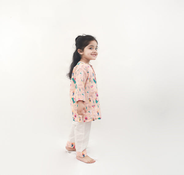 Polka Tots Dinosaur print Full sleeves Nightwear Kurta pyjama set - Orange