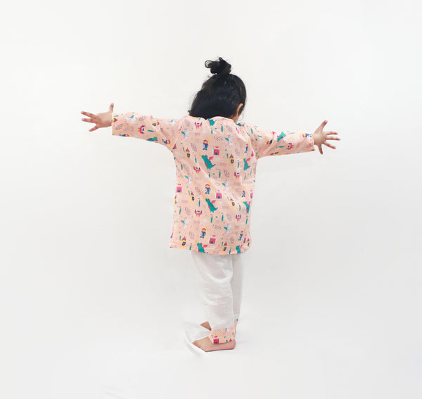 Polka Tots Dinosaur print Full sleeves Nightwear Kurta pyjama set - Orange