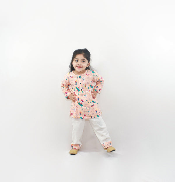 Polka Tots Dinosaur print Full sleeves Nightwear Kurta pyjama set - Orange