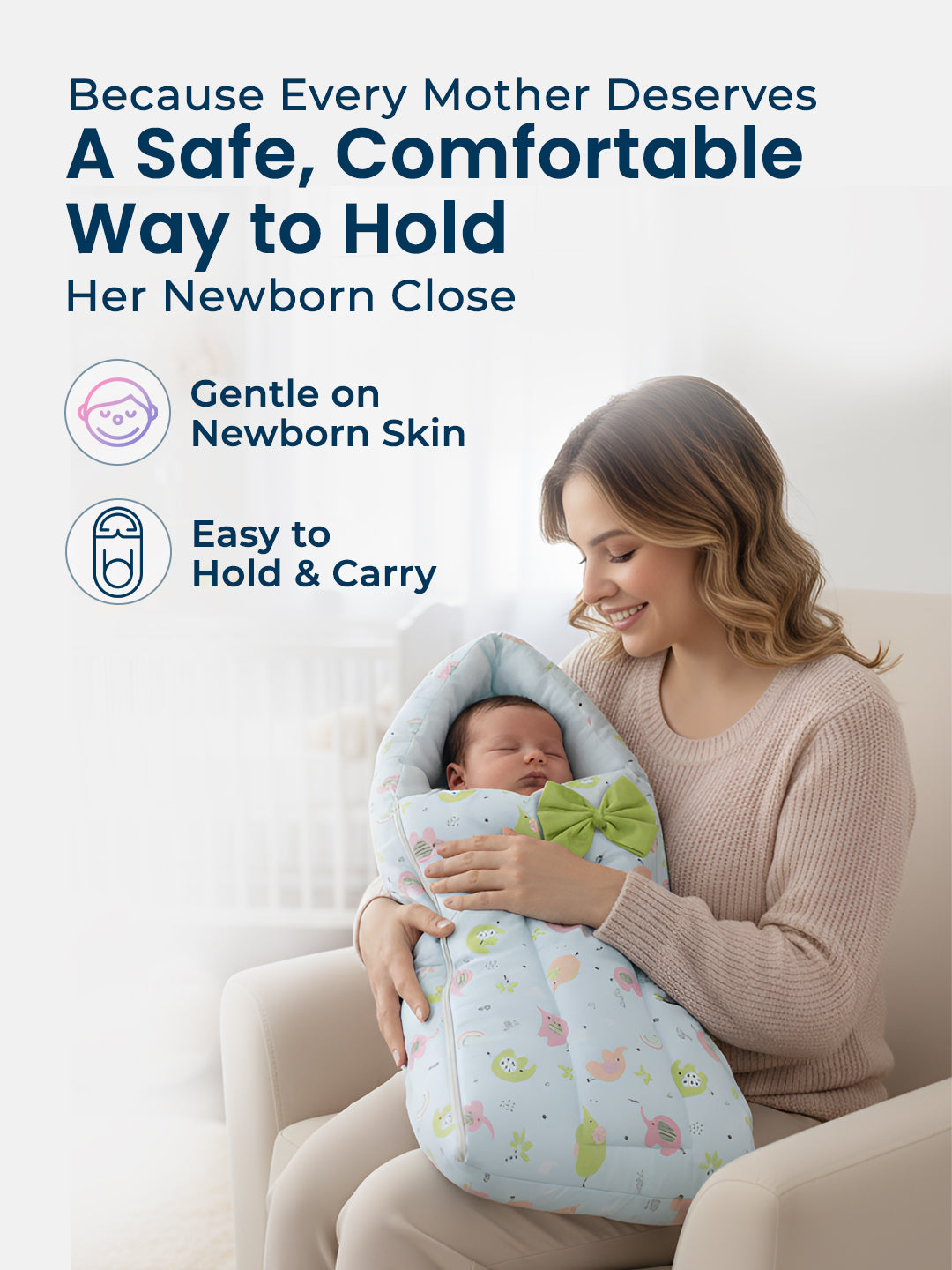 Woman holding a baby wrapped in a soft, patterned wrap with text about safety and comfort.