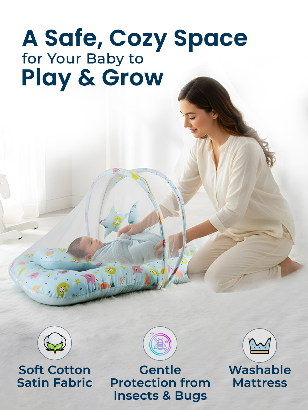 Baby playpen with a woman and baby inside, on a white background