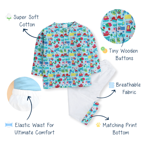 Polka Tots Car print Full Sleeves Front open Nightwear Kurta pyjama set - Blue