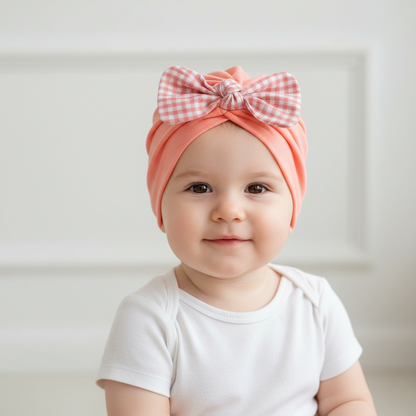 Polka Tots Baby Girls Checks Print Bow Headband Cap - Peach