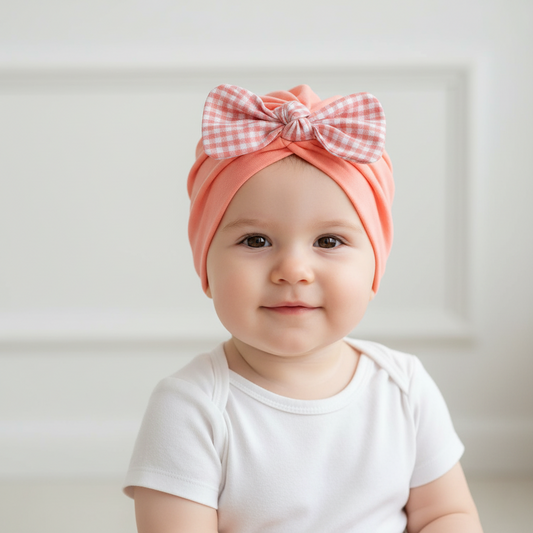 Polka Tots Baby Girls Checks Print Bow Headband Cap - Peach