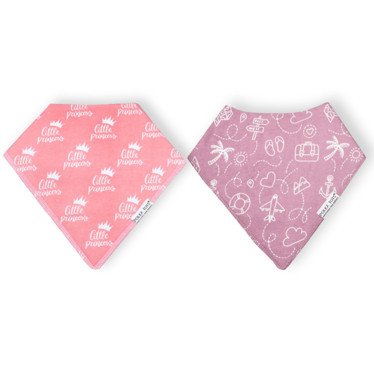 Pack of 2 Bandana Style Bibs Little Princess & Travel print