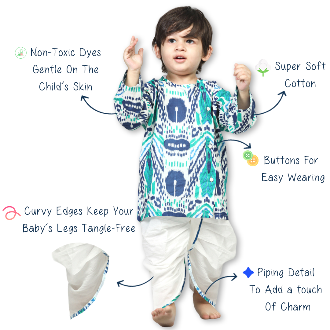 Polka Tots Dhoti Kurta Set for Boys 100% Super Soft Cotton Traditional Ethnic Wear For Kids Peacock Print  - White