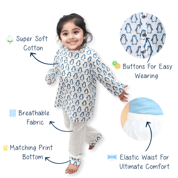 Polka Tots Penguin print Full sleeves Nightwear Kurta pyjama set - Blue