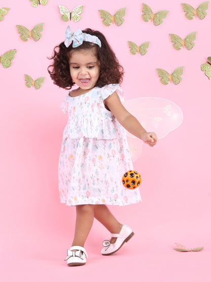 Polka Tots Sleeveless Bloomy Bear print frock with headband - Multicolor