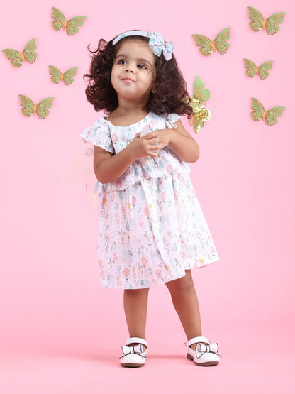 Polka Tots Sleeveless Bloomy Bear print frock with headband - Multicolor