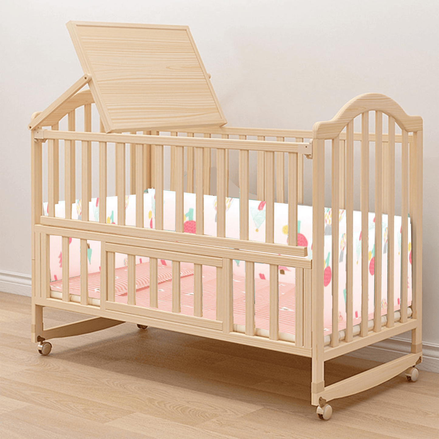 POLKA TOTS Elegant Wooden Rocking Cradle Baby Crib Cot / Kids Toddler Multifunctional Adjustable Bedding set with Mosquito net, Bumper Set, Pillow & Mat (Fruits Bedding Set)