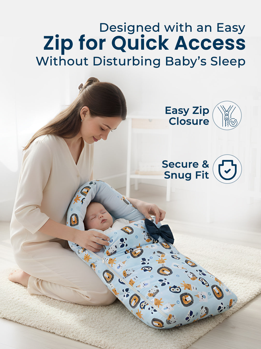 Woman holding a baby wrapped in a patterned swaddle with text about easy zip closure and secure fit.